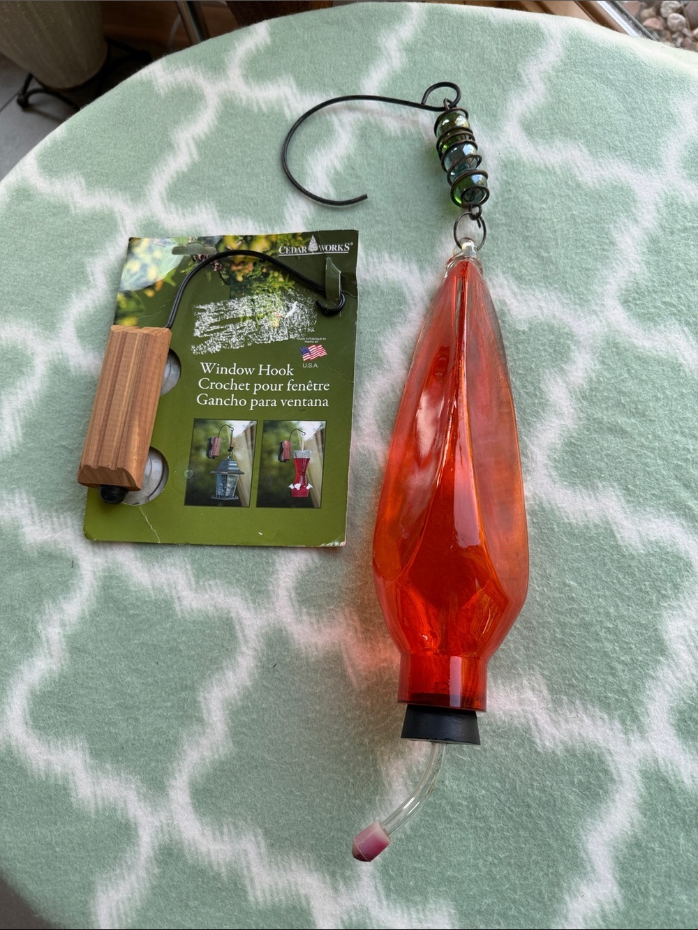 Orange Glass Decorative Window Hummingbird Feeder with Cedar Hook